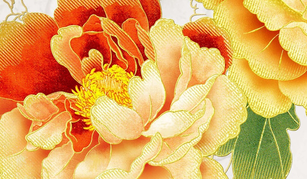 新中式高清大理石水墨牡丹花背景墙