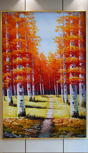 纯手绘红色白桦林油画艺术玄关