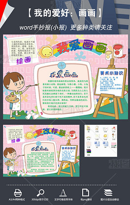 原创学科我爱画画美术卡通手抄报电子小报素材版权可商用