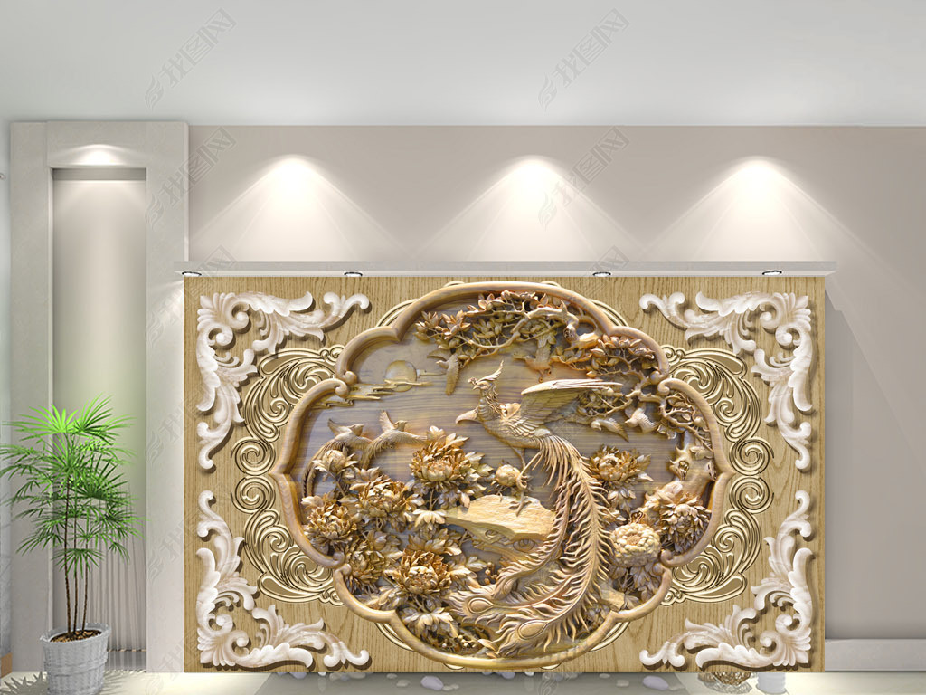 原创木雕浮雕百鸟朝凤壁画背景墙装饰画