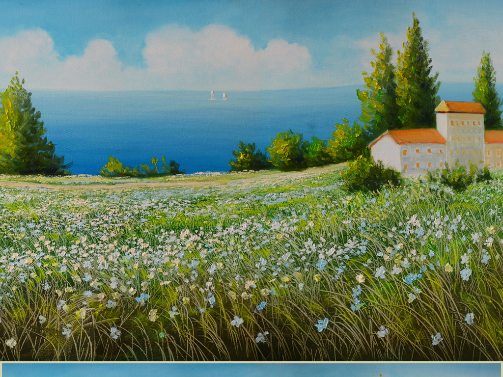 纯手绘海边田园风艺术油画背景壁画