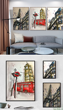 欧式客厅水彩建筑装饰画|欧式水彩建筑城市街道装饰画