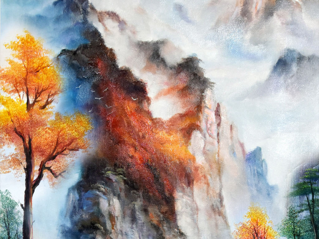 新中式手绘立体高山流水聚宝盆油画玄关