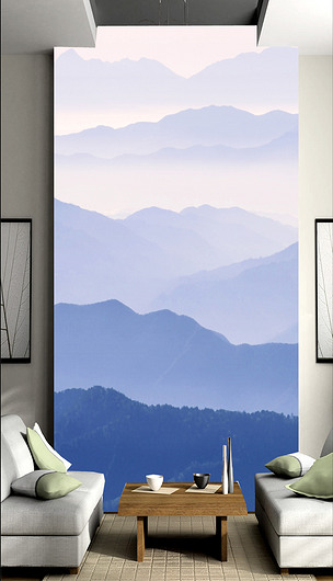 新中式水墨山水蓝色山脉青山山川玄关背景墙