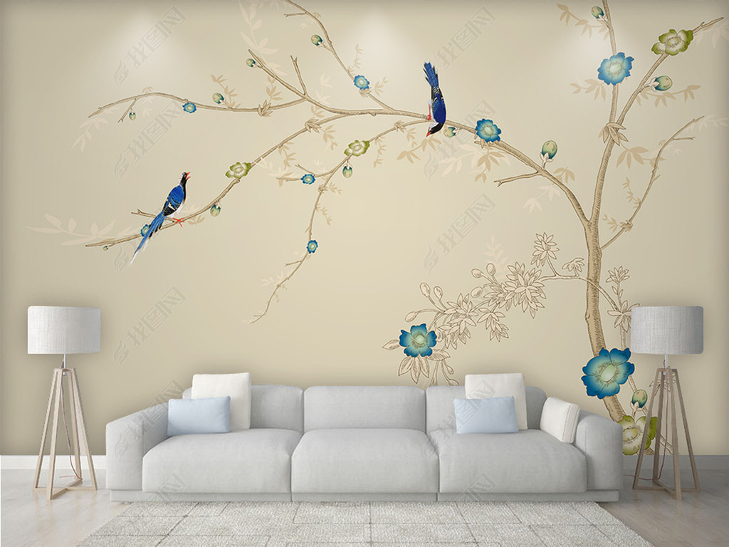 玉兰中式手绘花鸟工笔花鸟背景墙装饰画