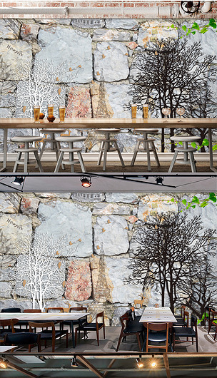 北欧森林飞鸟石头墙餐厅背景墙装饰画