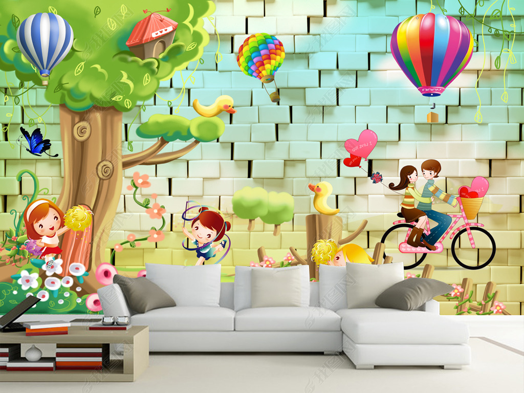 3d砖墙卡通儿童房小孩房背景墙壁画墙画