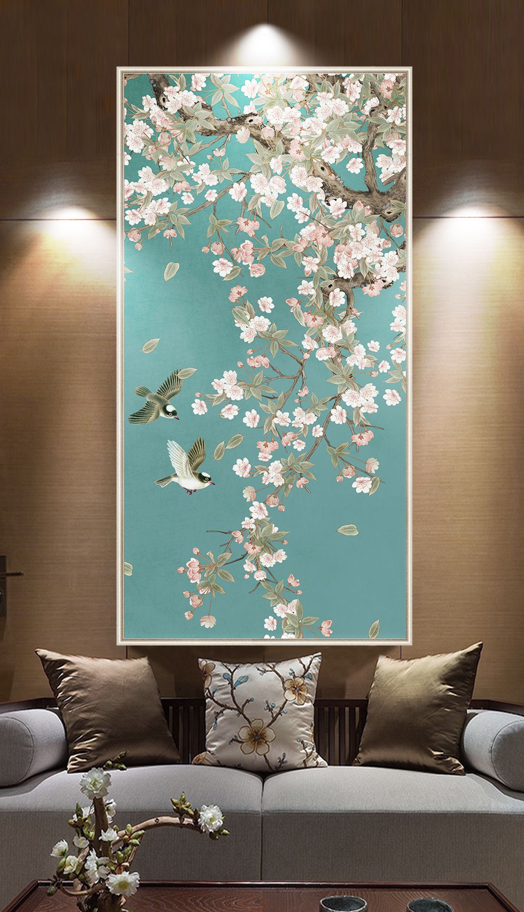 海棠花手绘工笔花鸟新中式玄关背景墙装饰画