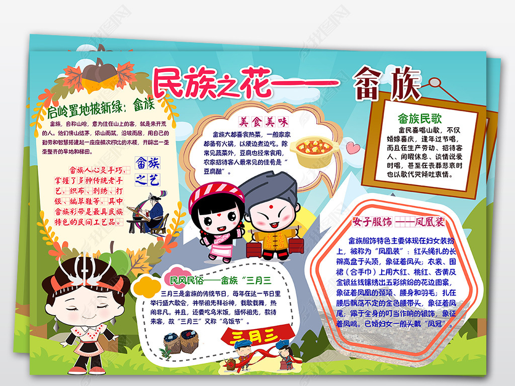 原创psd畲族少数民族习俗风俗服饰特色爱家乡美食卡通手抄报小报版权