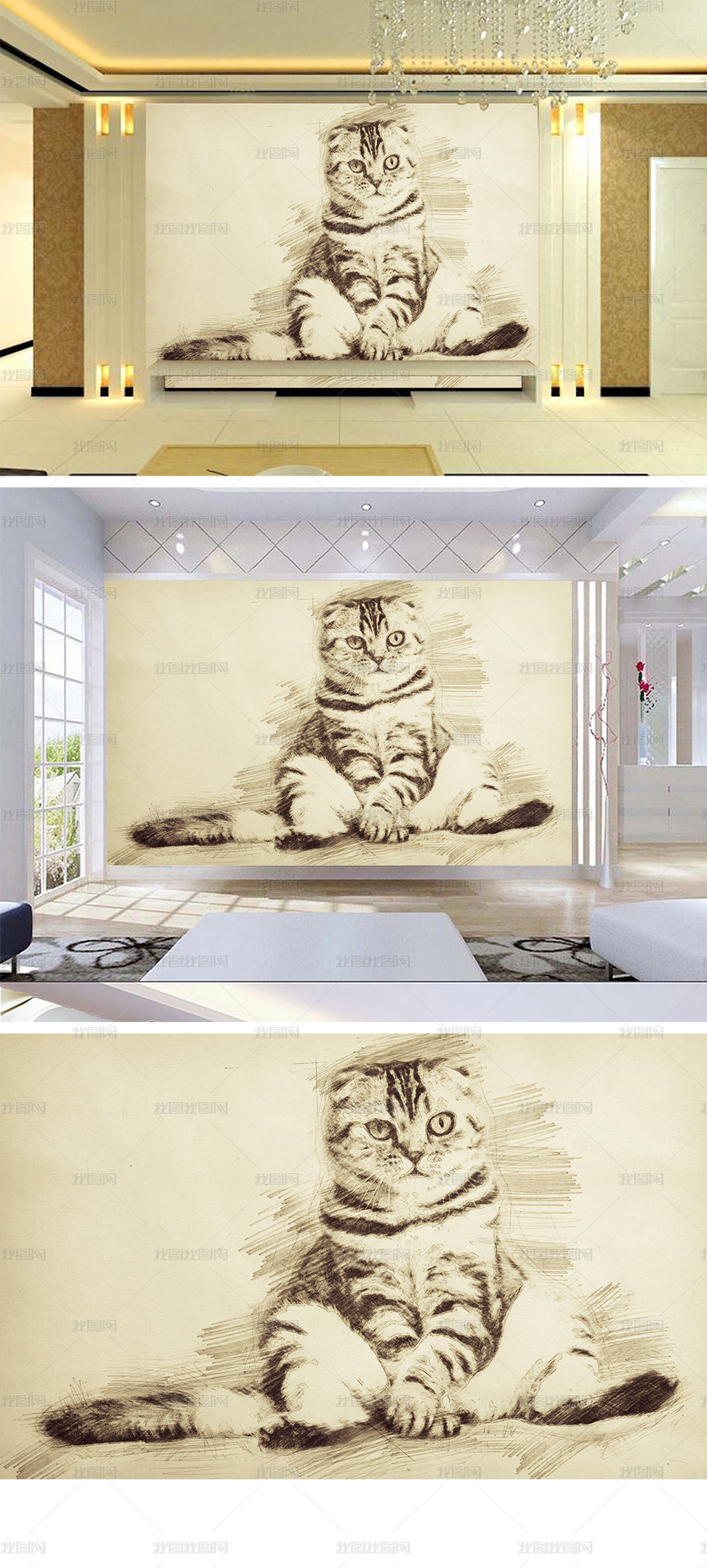 北欧水彩卡通动物猫无框画客厅照片背景墙图片素材模板下载 电视背景墙 我图网