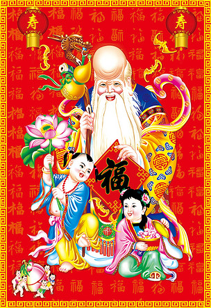 老寿星年画紫微星灯笼蝙蝠福