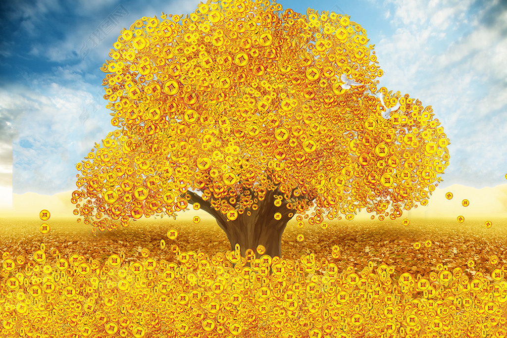 原创满地黄金招财宝发财树3d电视背景墙版权可商用