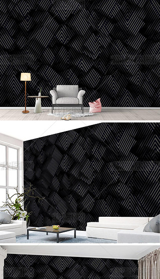 个性立体3d黑色条纹方格书房背景墙