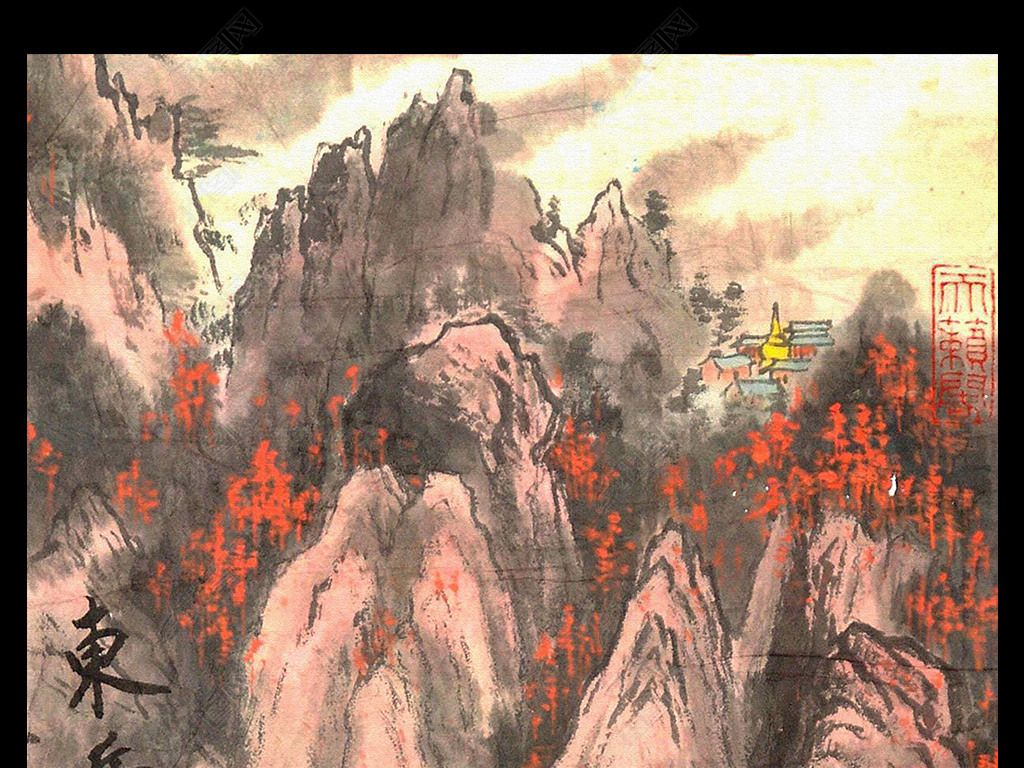 原创新中式东岳泰山日出国画玄关背景墙装饰画版权可商用