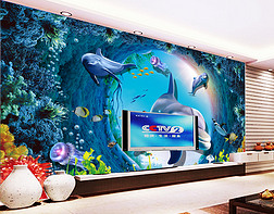 3D立体壁画海豚鱼海底世界背景墙高清大图