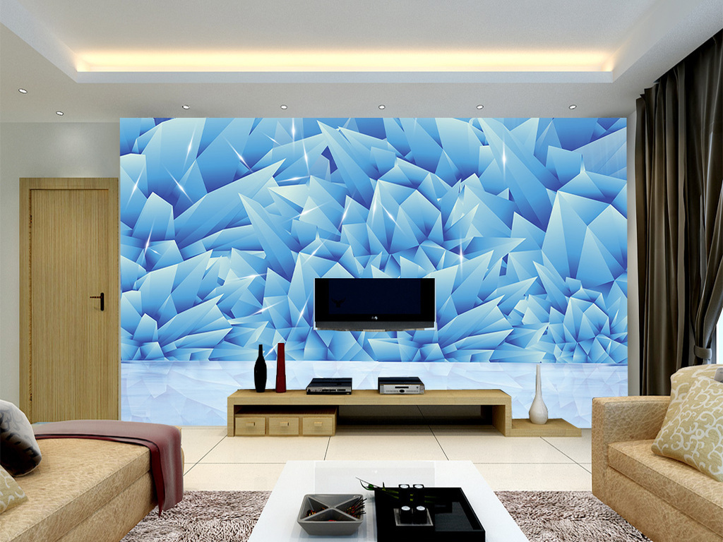 天然水晶族蓝水晶冰晶客厅背景墙壁画