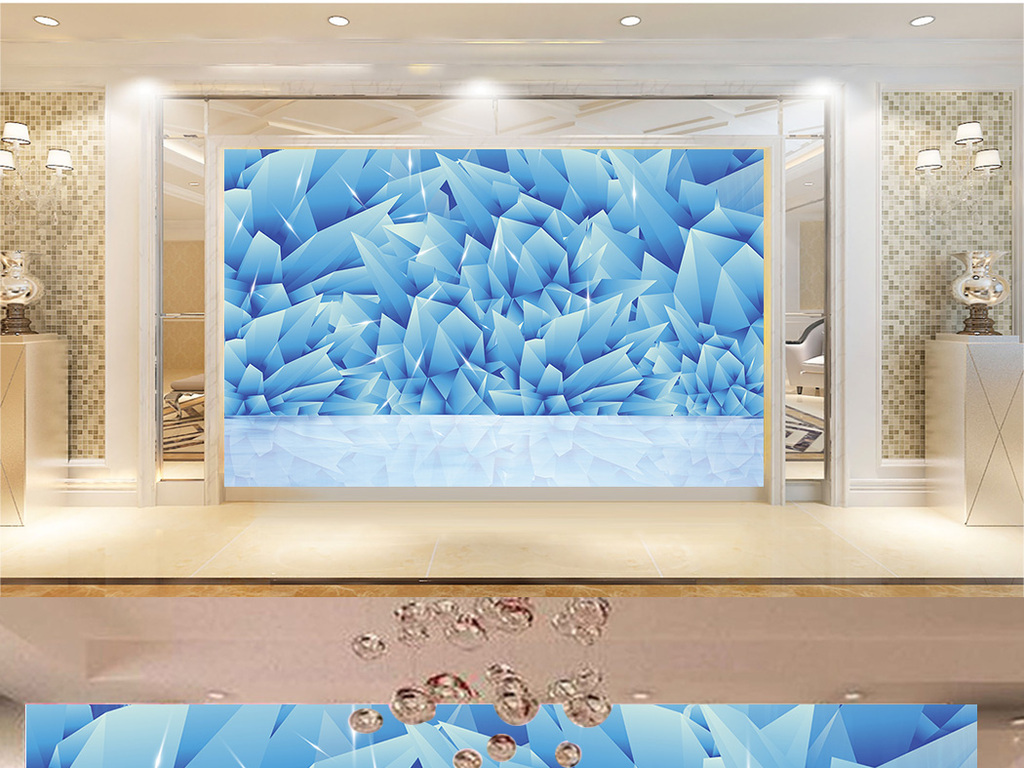 天然水晶族蓝水晶冰晶客厅背景墙壁画