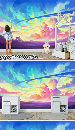 现代简约天空水彩涂鸦个性客厅电视背景墙