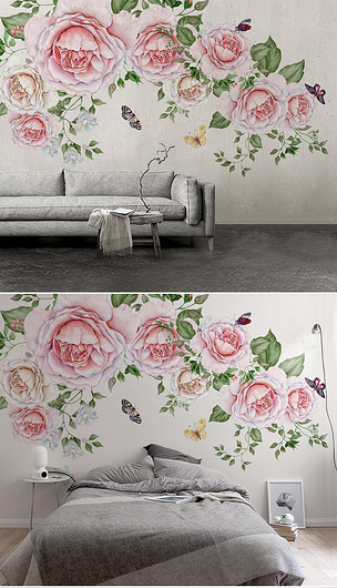 美式手绘玫瑰花卉花藤现代背景墙墙纸壁画