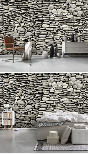 原创现代简约个性破旧鹅卵石石头墙壁画背景墙