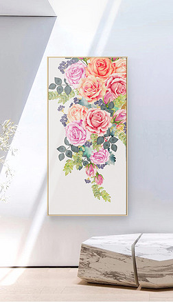 竖版花朵背景装饰画|北欧风格手绘玫瑰玄关画竖版背景墙