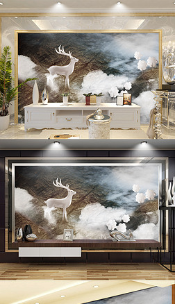 客厅电视背景墙设计效果图背景墙|创意白色麋鹿电视客厅背景墙设计