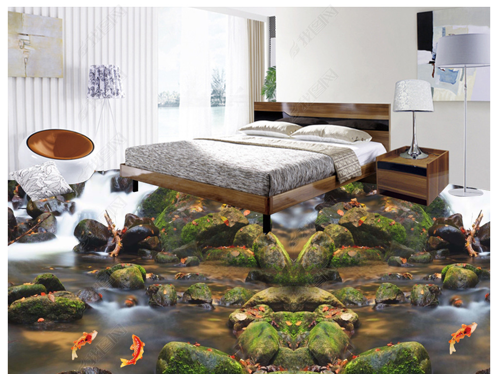 原创逼真流水生财溪水自然3d地板立体画
