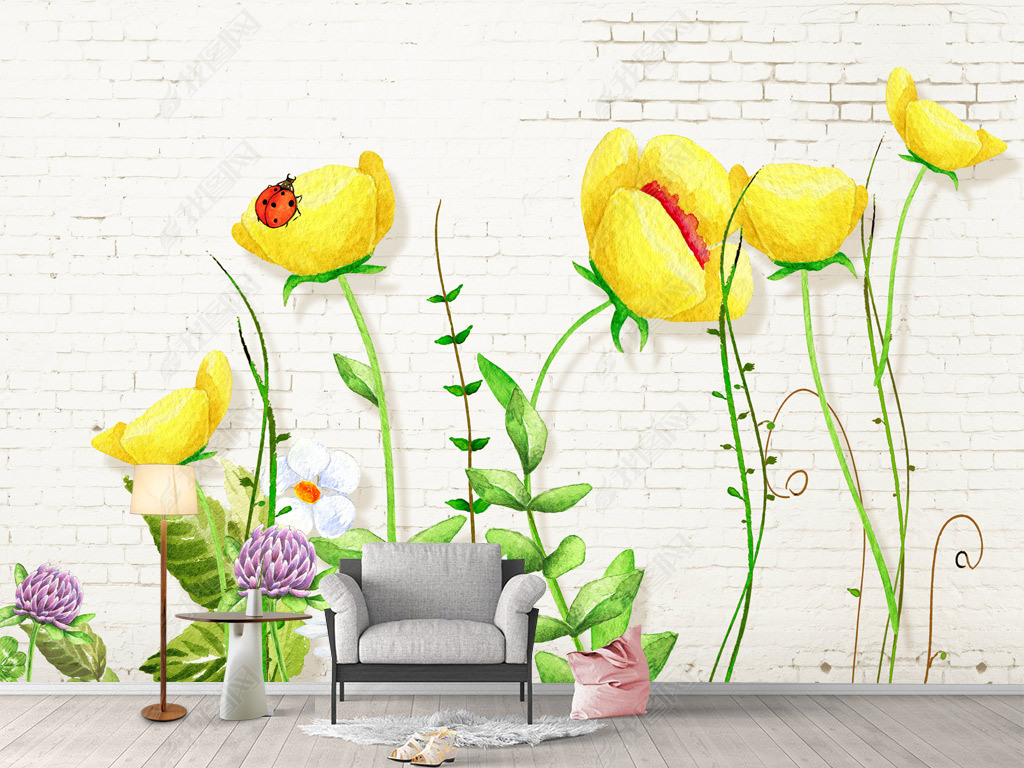北欧亮黄色水彩手绘花卉背景墙壁纸壁画