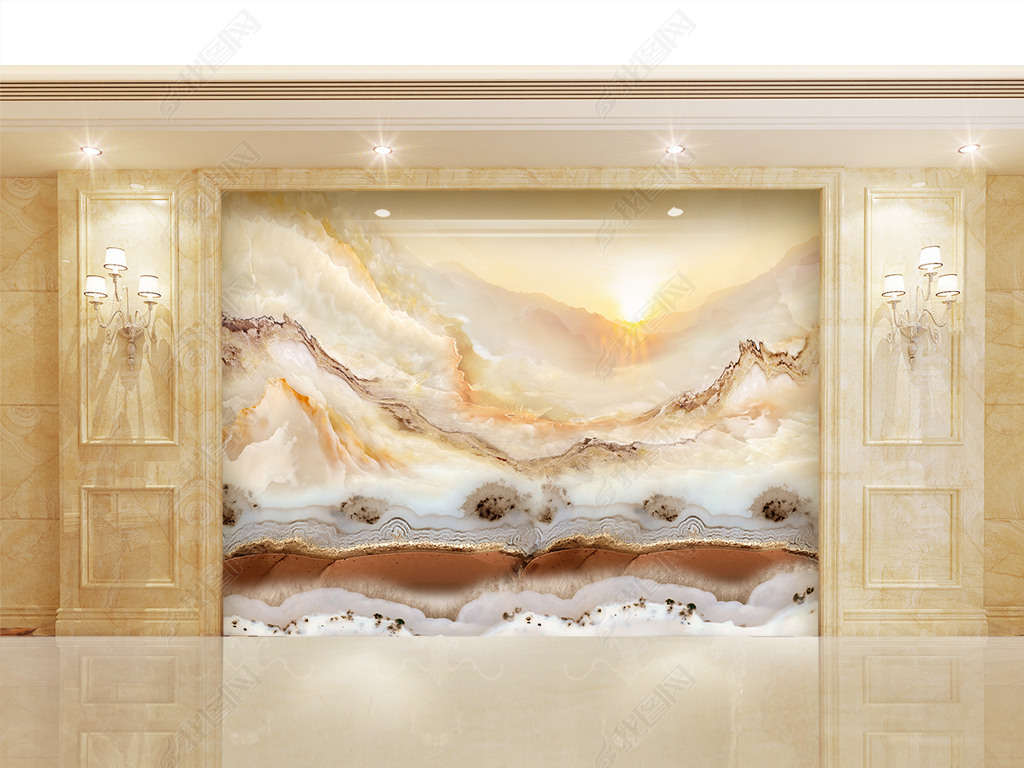 高清3d大理石纹山水花日出背景墙山光水色