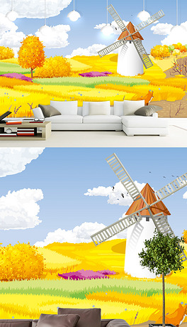 卡通手绘风车儿童房背景墙设计