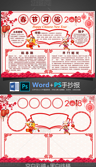关于春节习俗手抄报word模板电子小报