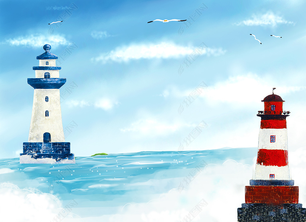 手绘灯塔蓝天白云大海电视背景墙