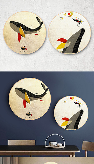 北欧复古手绘鲸鱼装饰画圆形无框画