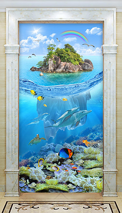 超高清海景椰岛风景画海底世界海豚玄关背景墙