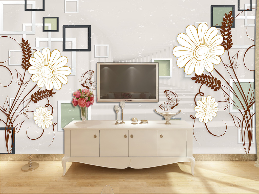 3d唯美花卉电视背景墙