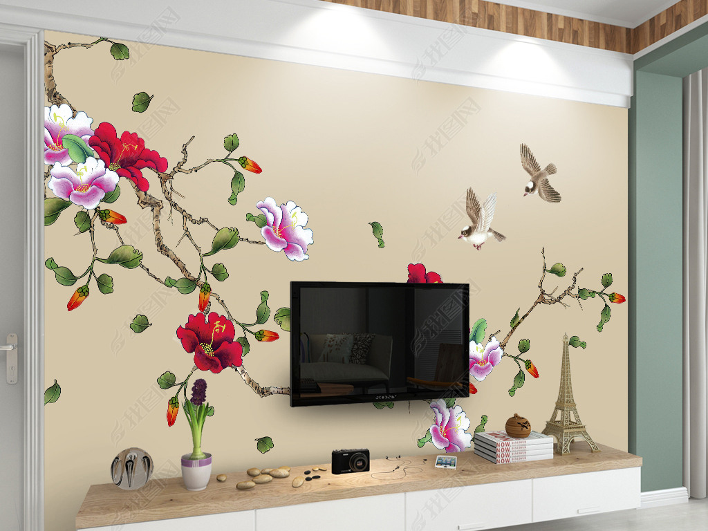 杜鹃花新中式手绘工笔花鸟背景墙装饰画