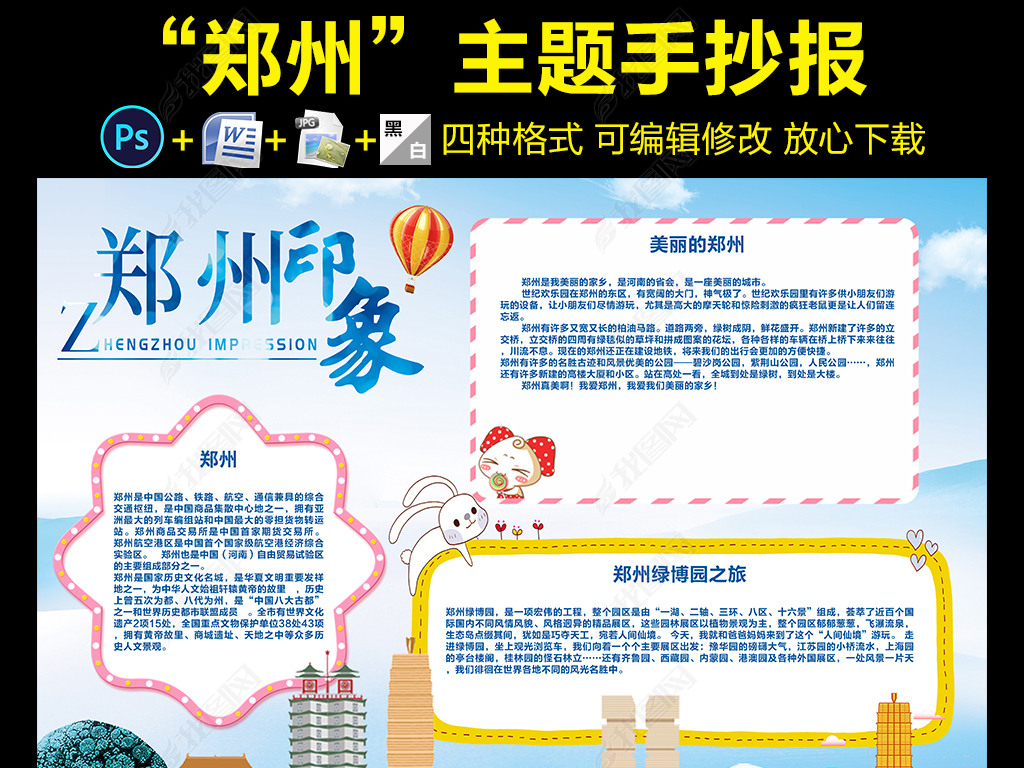 原创郑州印象小报快乐郑州城市旅游旅行手抄报