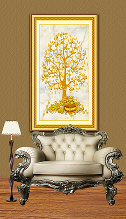 金色摇钱树高端玄关壁画背景