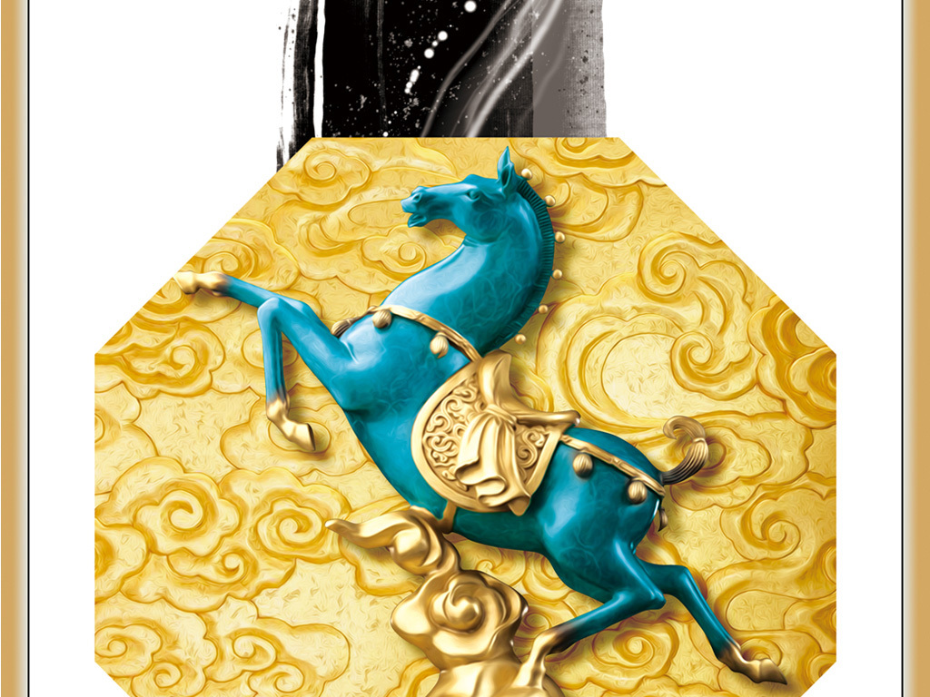 新中式水墨印象3d立体雕塑古马祥云装饰画下载-编号17