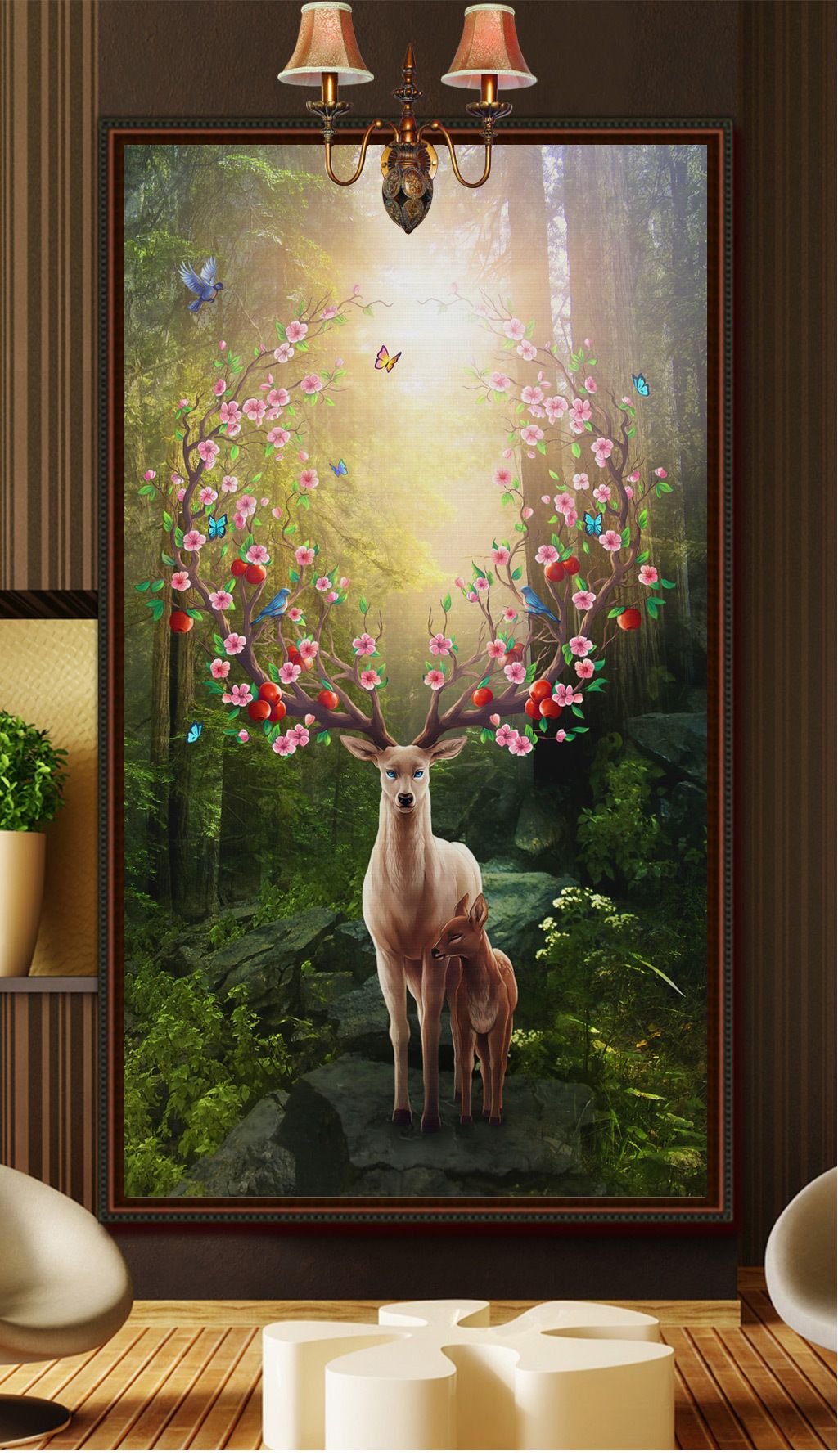梦幻森林麋鹿酒店玄关背景墙装饰壁画