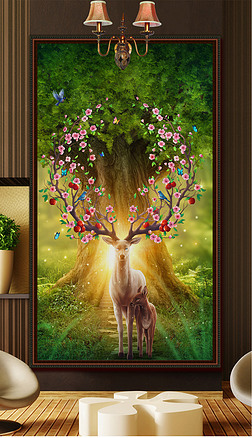 梦幻森林麋鹿酒店玄关背景墙装饰壁画