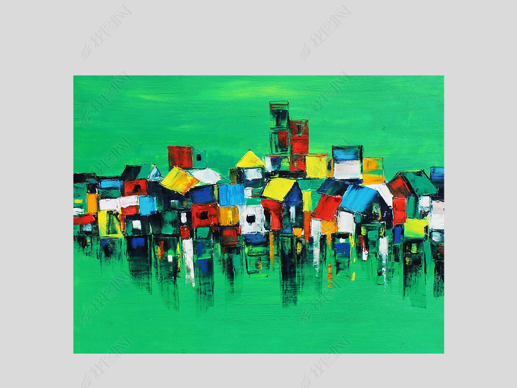 原创黄色红色蓝色小房子绿色背景抽象装饰画
