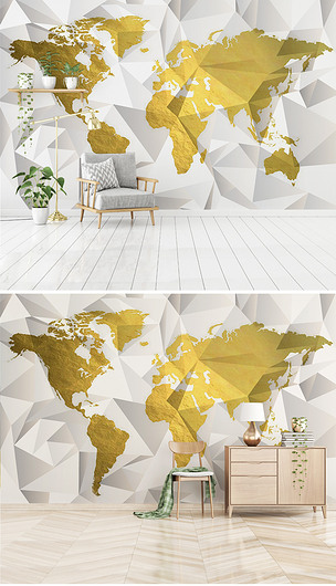 现代简约金箔地图3d几何立体背景墙装饰画