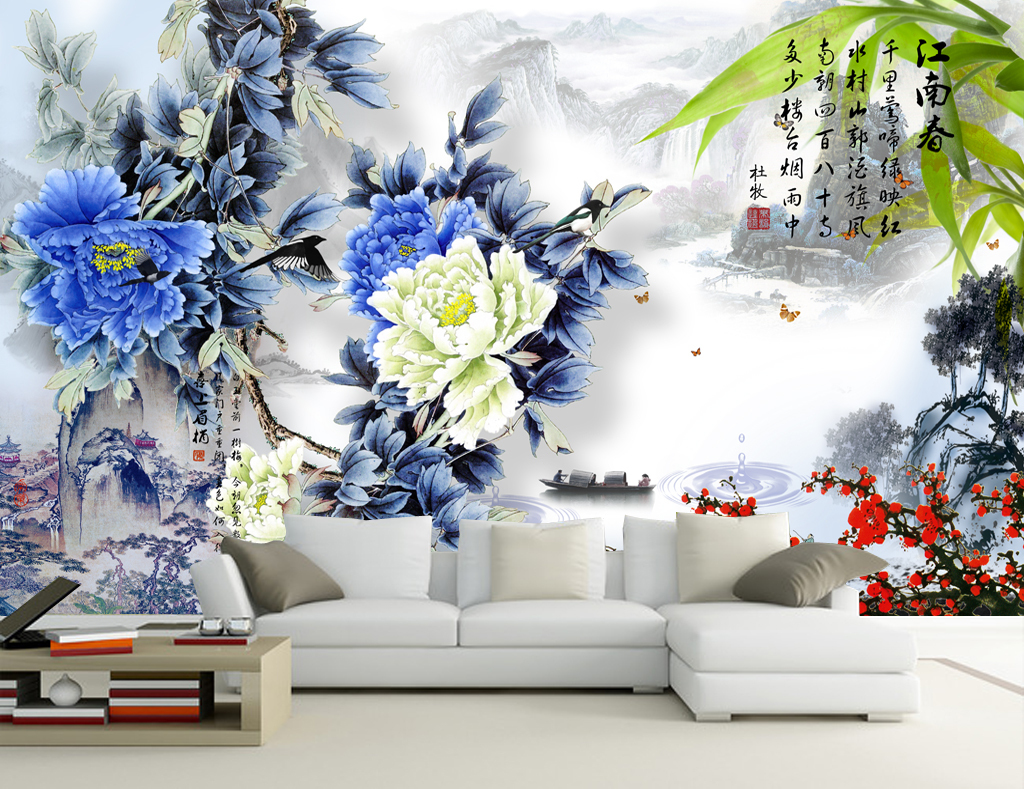 江南春中式牡丹花山水画水墨画背景墙壁画