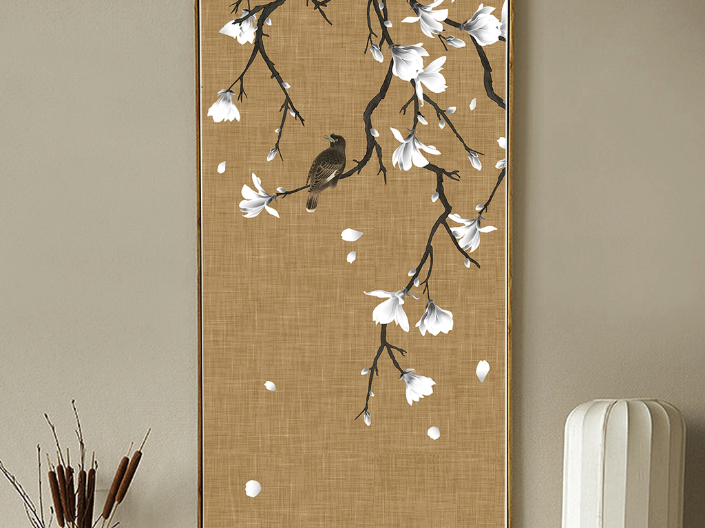 白玉兰手绘工笔花鸟新中式玄关背景墙装饰画