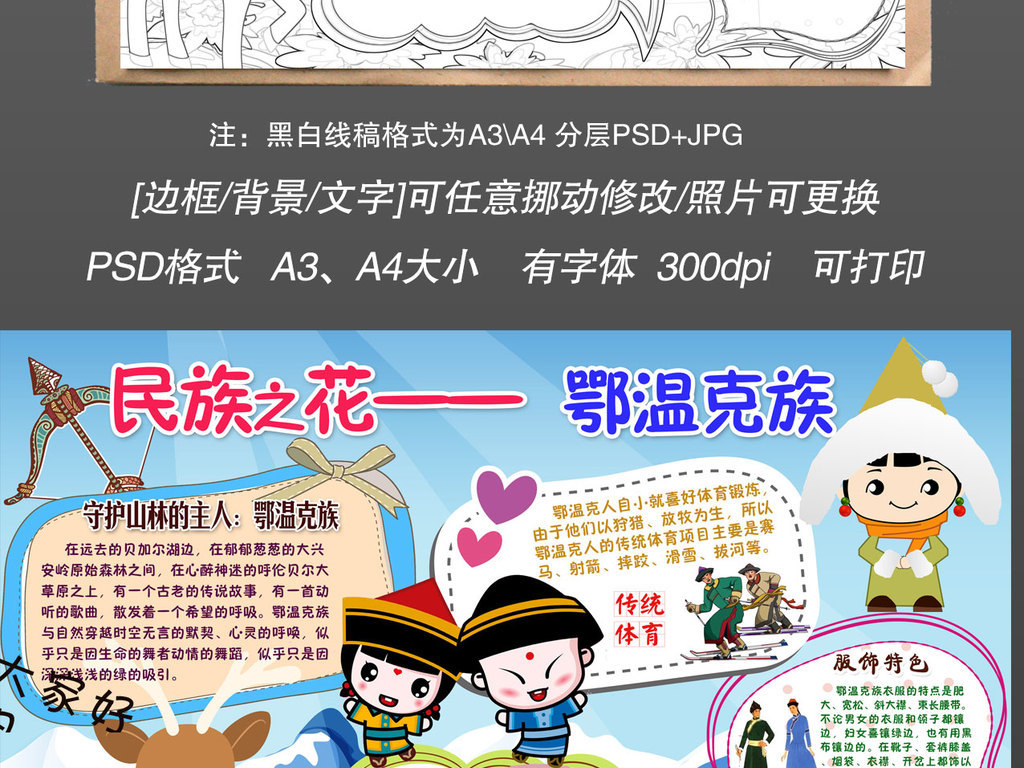 鄂温克族少数民族习俗风俗服饰特色爱家乡美食卡通手抄报小报