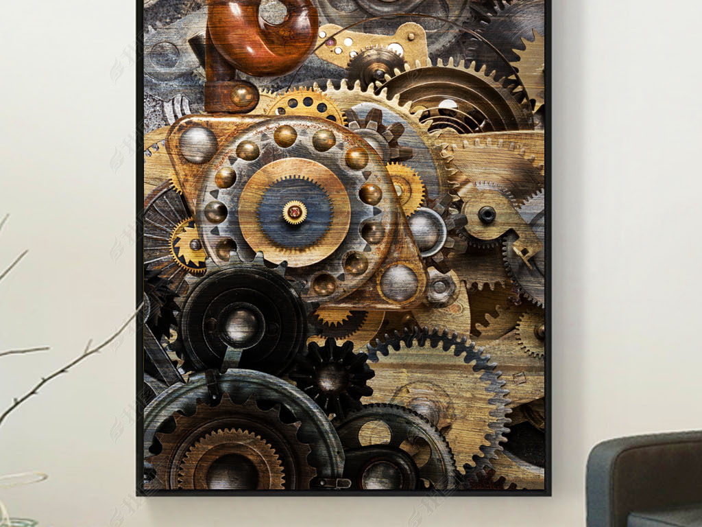 原创欧式复古机械齿轮玄关画工业装饰画