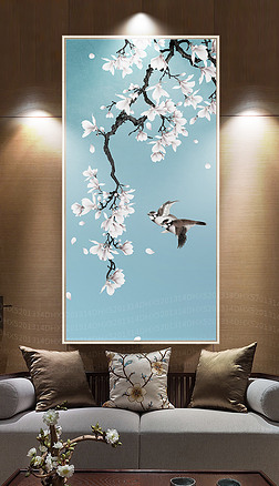 白玉兰手绘工笔花鸟新中式玄关背景墙装饰画