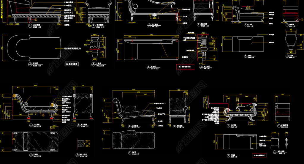 原创贵妃位沙发躺椅cad图纸