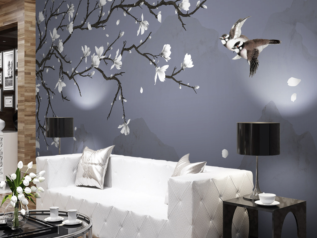 白玉兰手绘工笔花鸟新中式背景墙装饰画